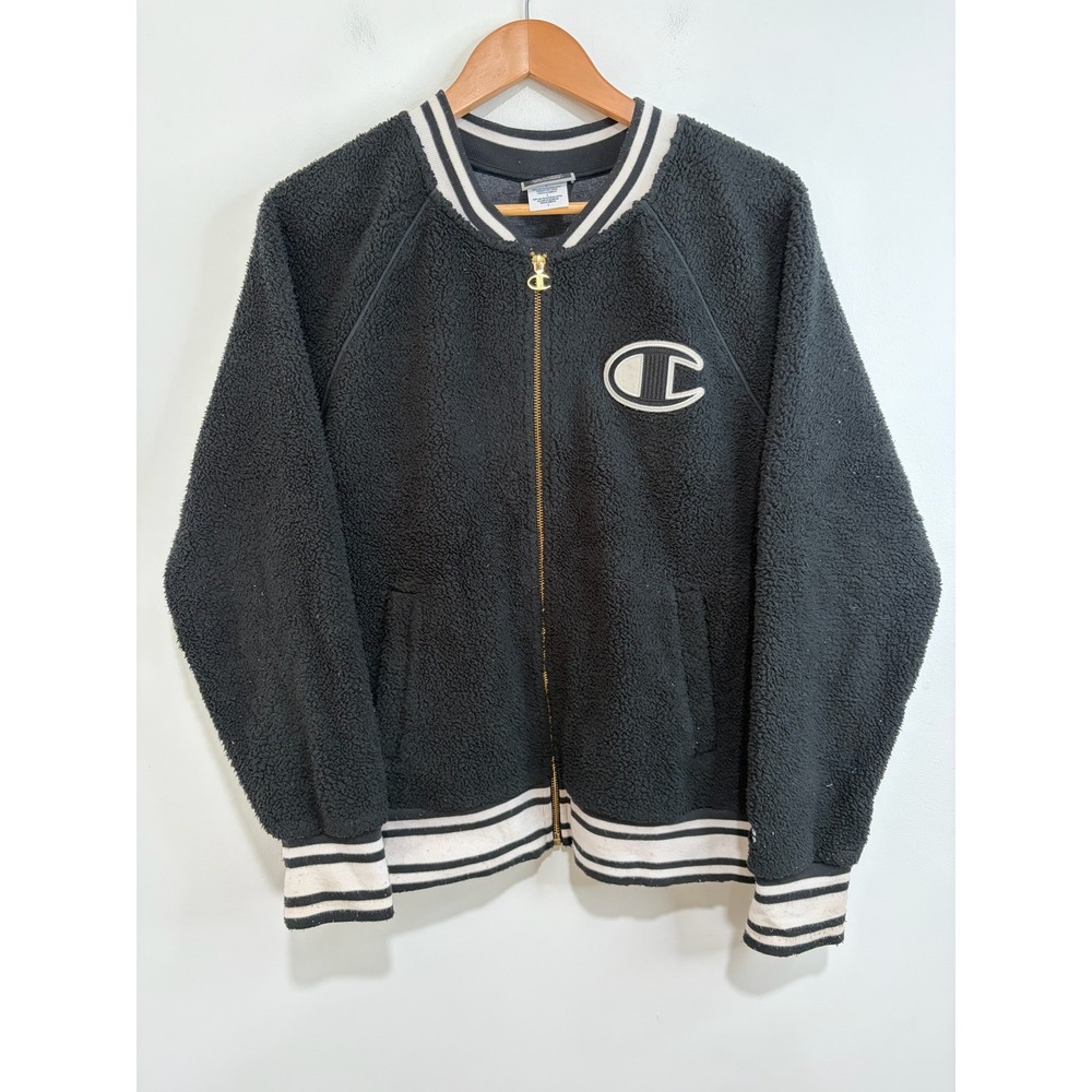 Champion Life Sherpa Baseball Jacket Sz L Varsity Style Striped Full Zip Soft